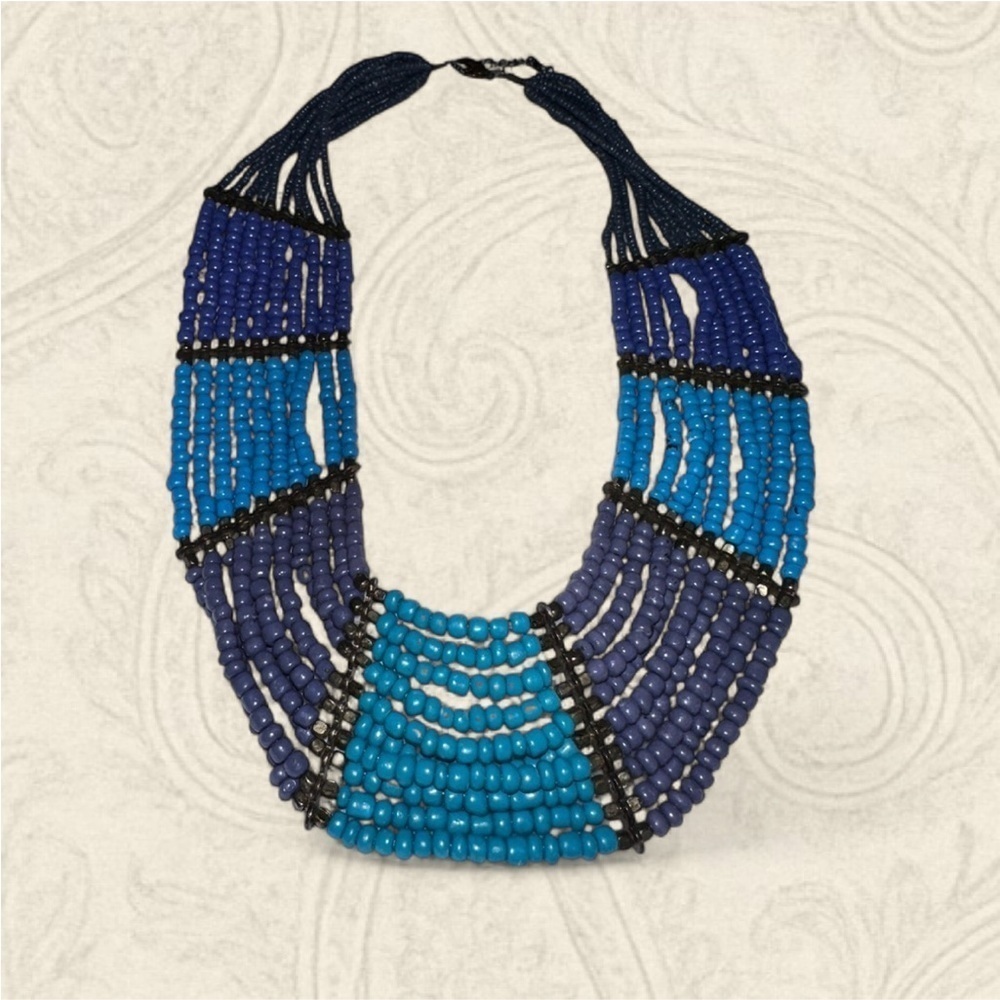 Vintage 1821 Blue Beaded statement boho necklace with Gold Accents